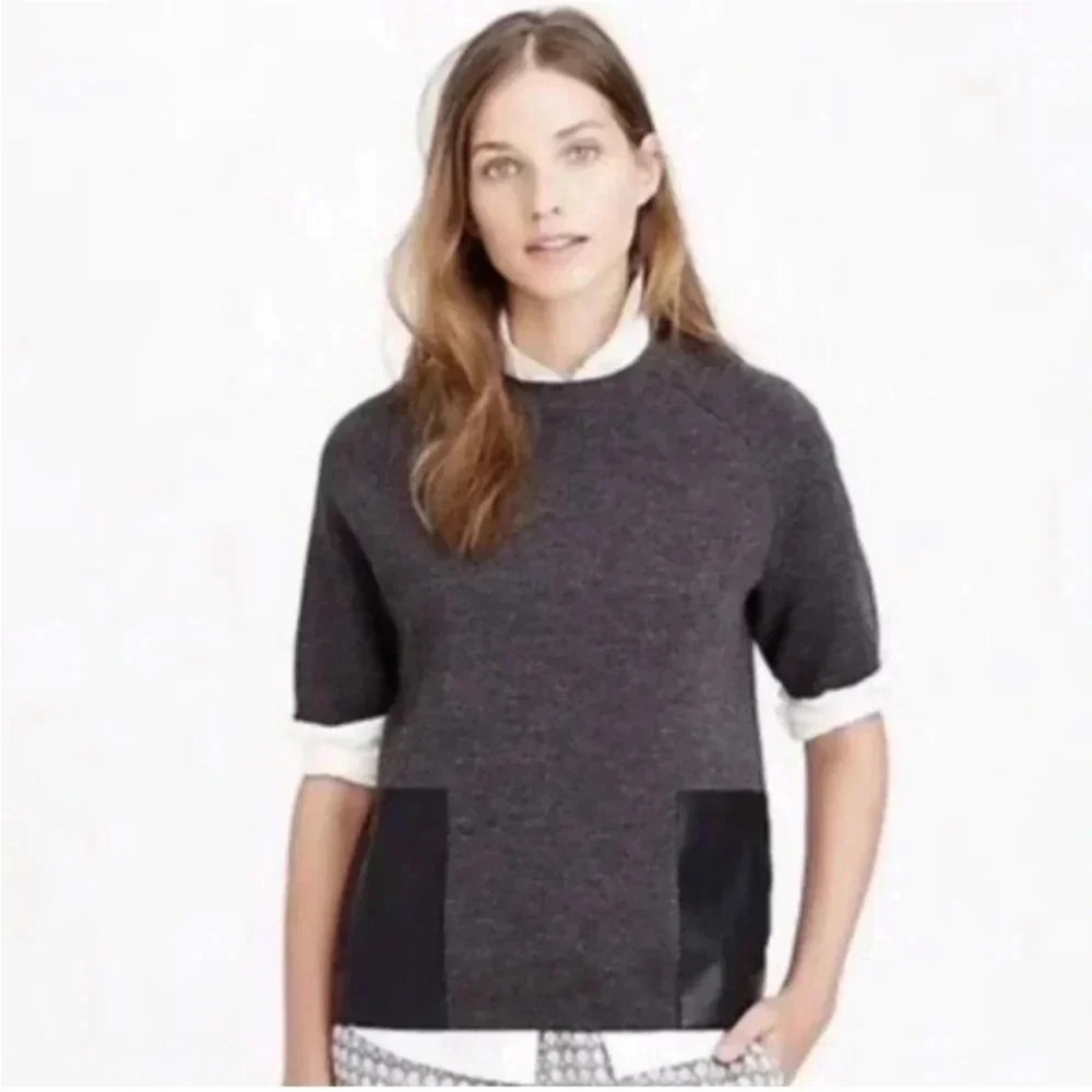 J. Crew Grey Merino Wool Short Sleeve Knit Sweater Black Leather Pockets 8